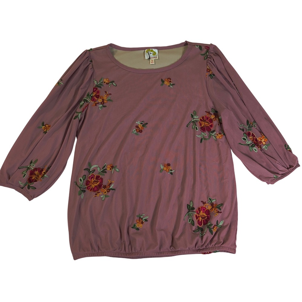 Fig and Flower Mauve Floral Embroidered Mesh 3/4 Puff Sleeve Blouse Womens Small